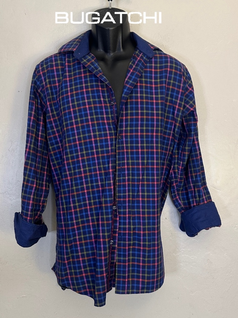 Bugatchi Plaid Contrast Long Sleeve Shirt 23" armpit to armpit no size tag